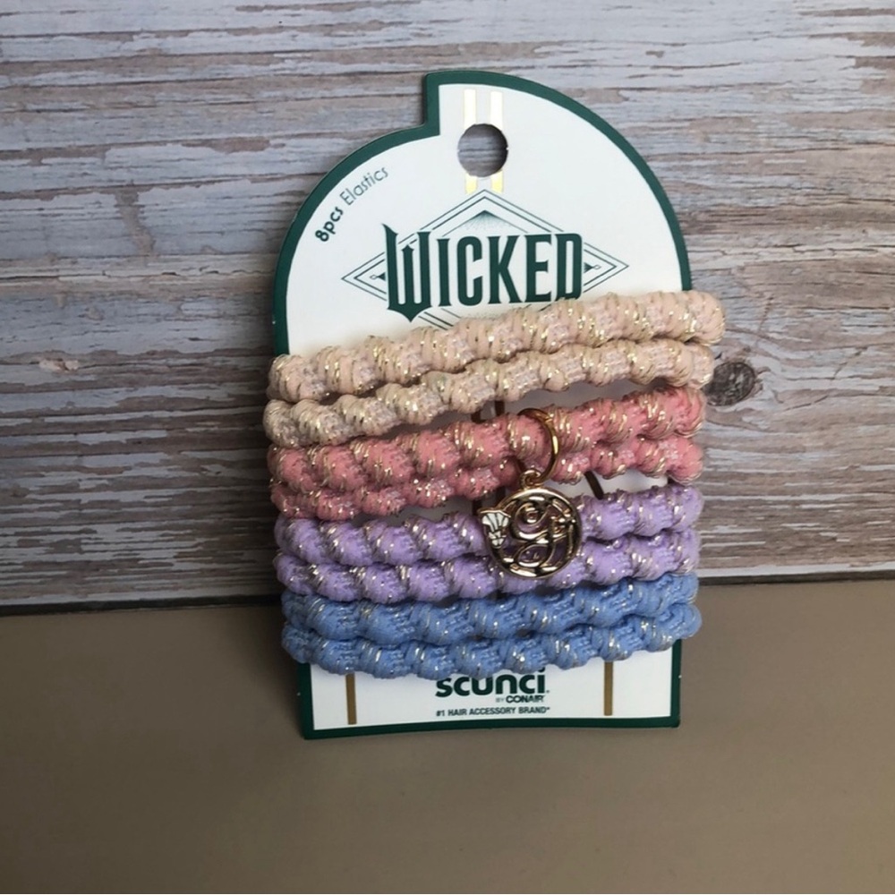 3 piece Scunci Wicked Hair Elastics, Galinda Barrettes, and Elphaba barrettes